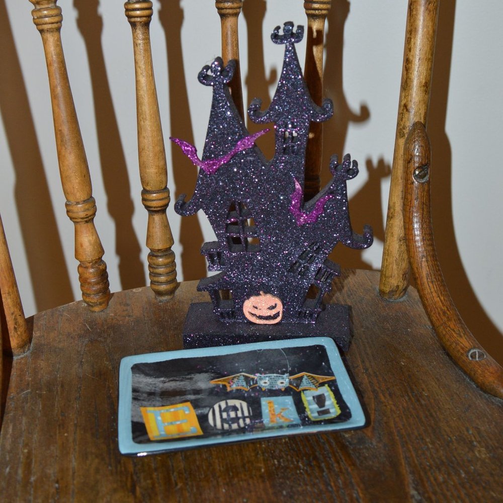 4/$20 Halloween Purple Sparkle Haunted Mansion &Spooky Bat Small Dish (set of 2)